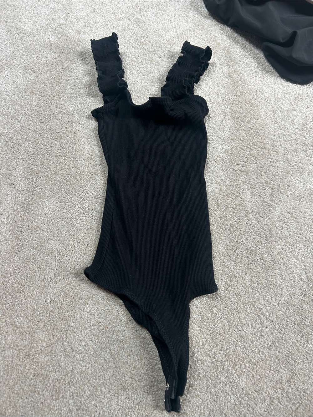 Alya Black Ribbed Kids One-Piece Bodysuit with Ruffle Straps
